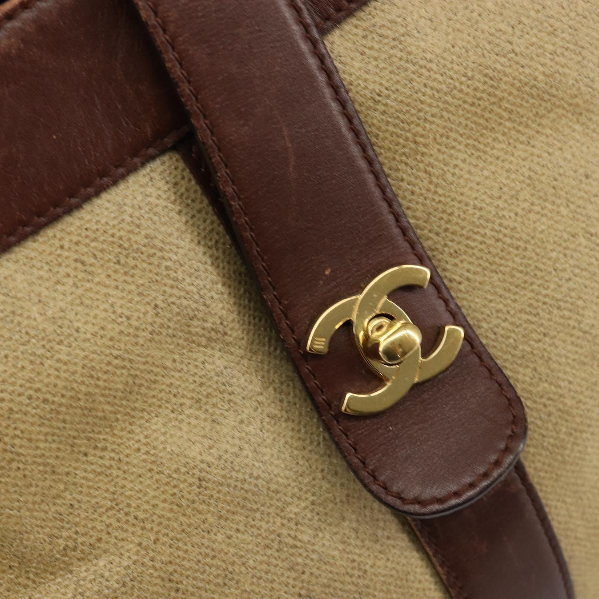 CHANEL Tote Bag Canvas Leather Beige Gold CC Auth 148197