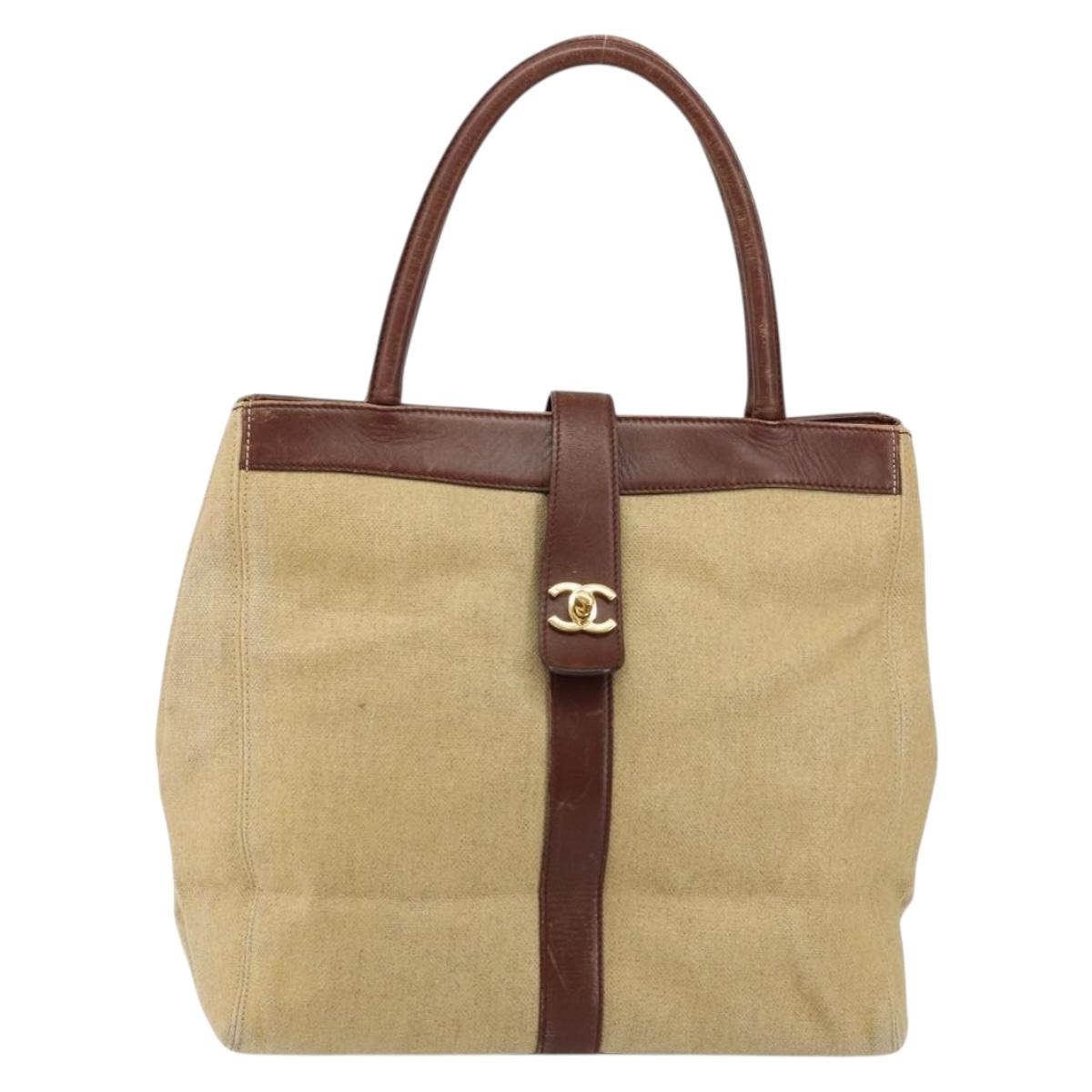 CHANEL Tote Bag Canvas Leather Beige Gold CC Auth 148197