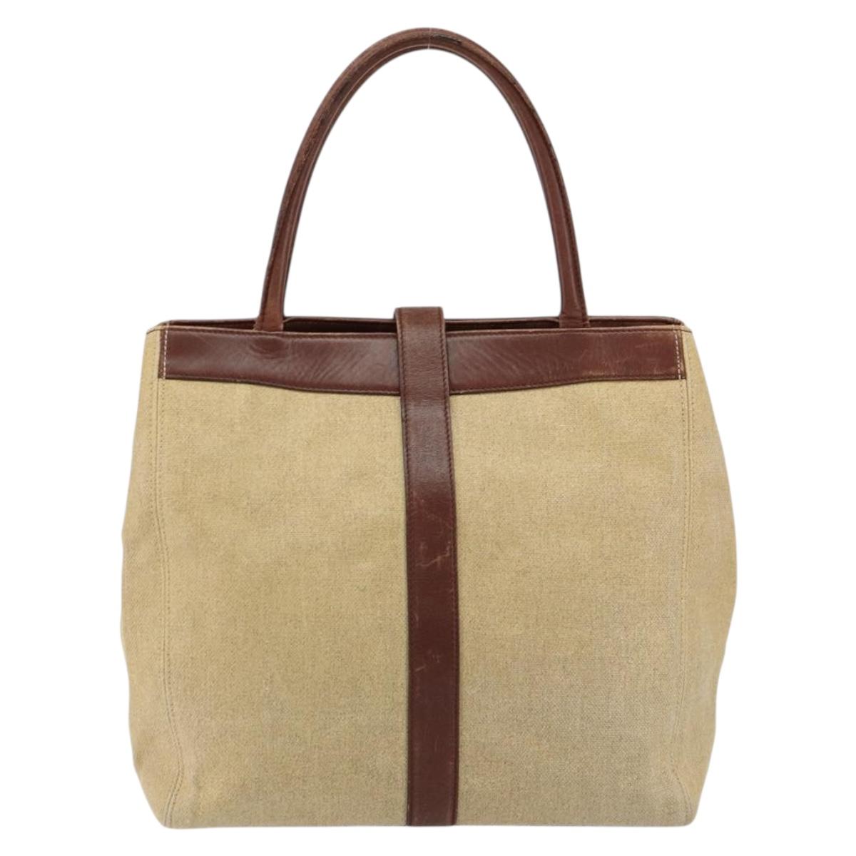 CHANEL Tote Bag Canvas Leather Beige Gold CC Auth 148197