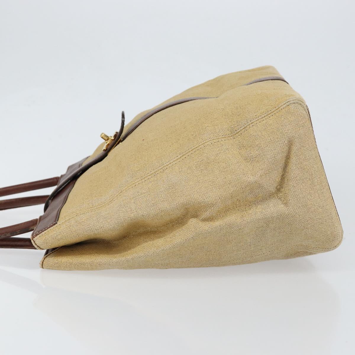 CHANEL Tote Bag Canvas Leather Beige Gold CC Auth 148197