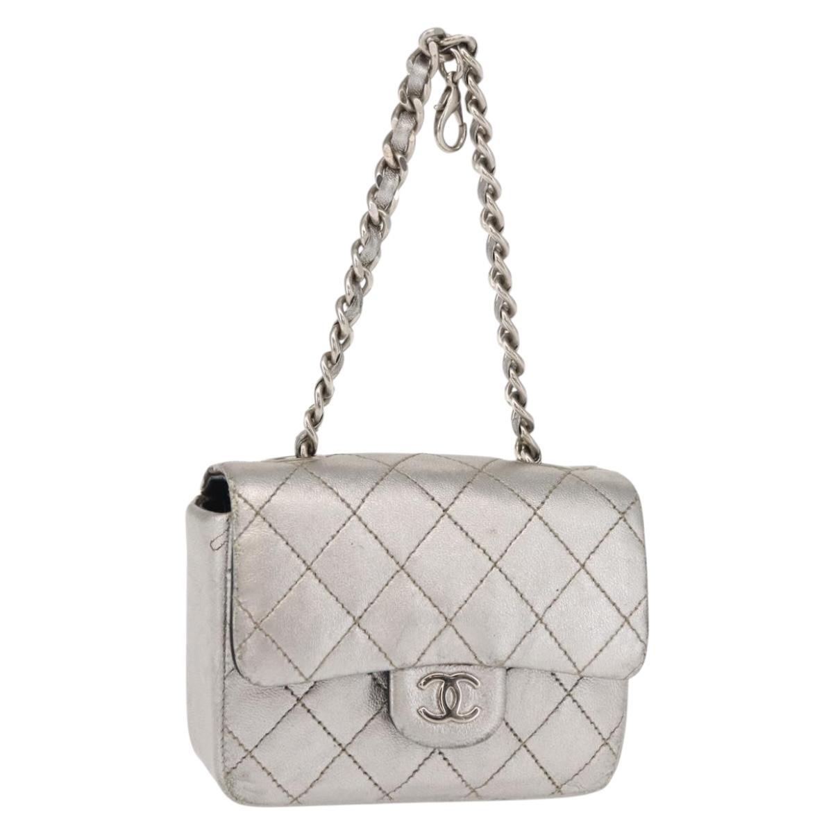 CHANEL Matelasse Chain Hand Bag Lamb Skin Silver CC Auth 148202
