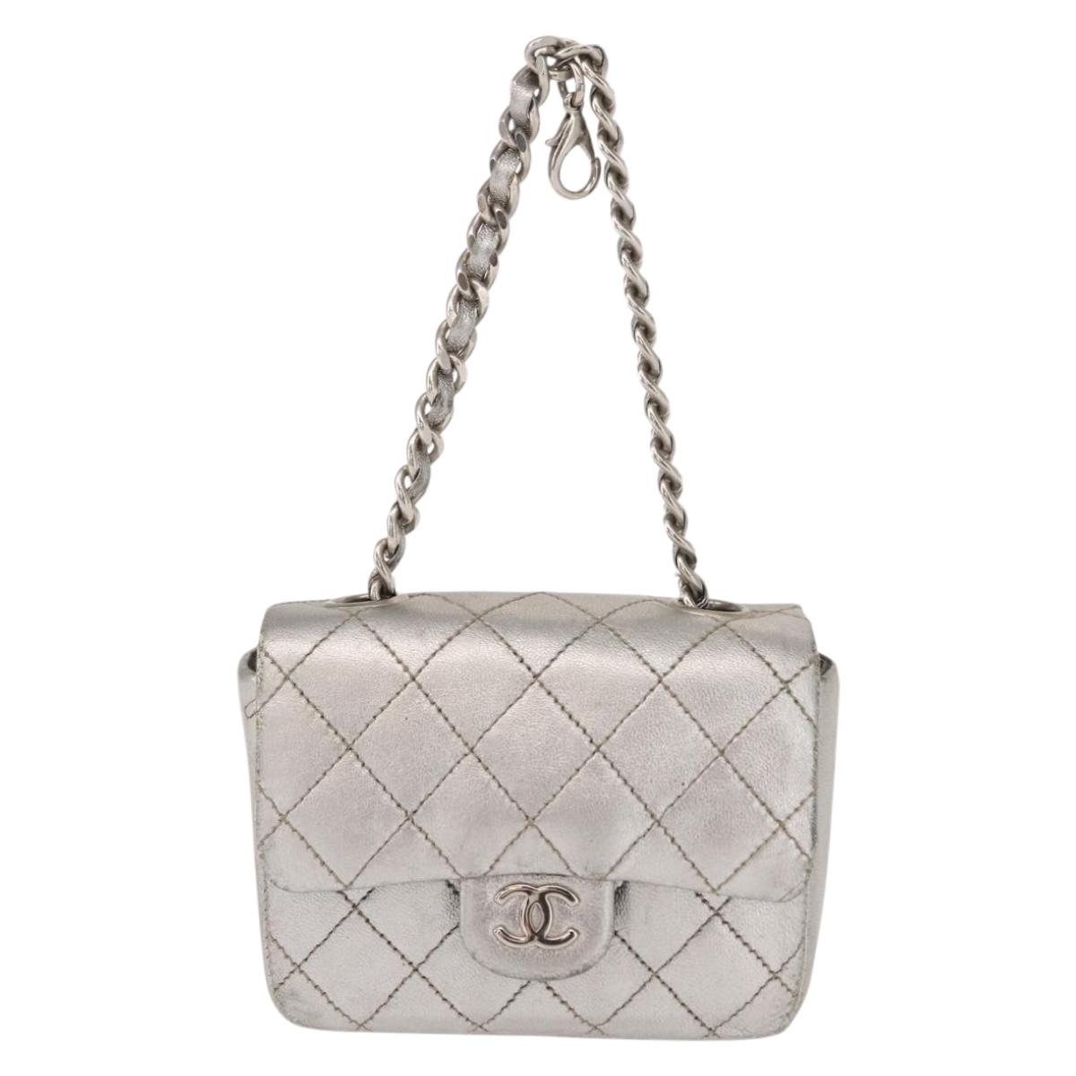 CHANEL Matelasse Chain Hand Bag Lamb Skin Silver CC Auth 148202