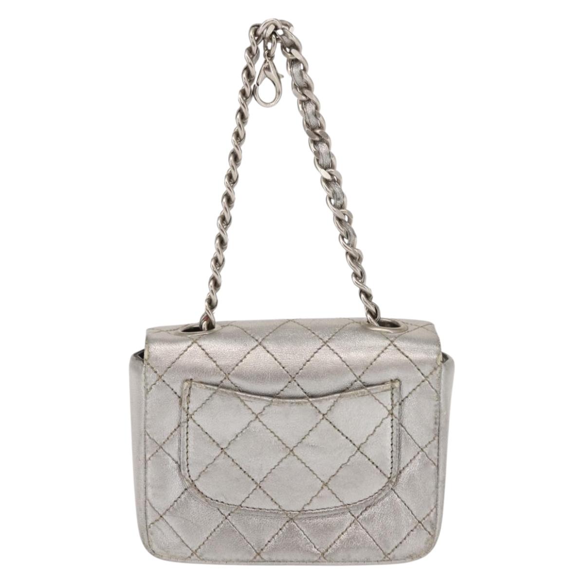 CHANEL Matelasse Chain Hand Bag Lamb Skin Silver CC Auth 148202