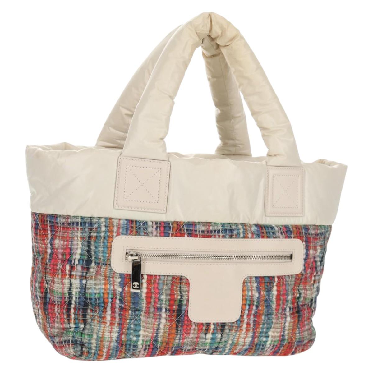 CHANEL Cococoon Tote Bag Nylon White Silver CC Auth 148203V