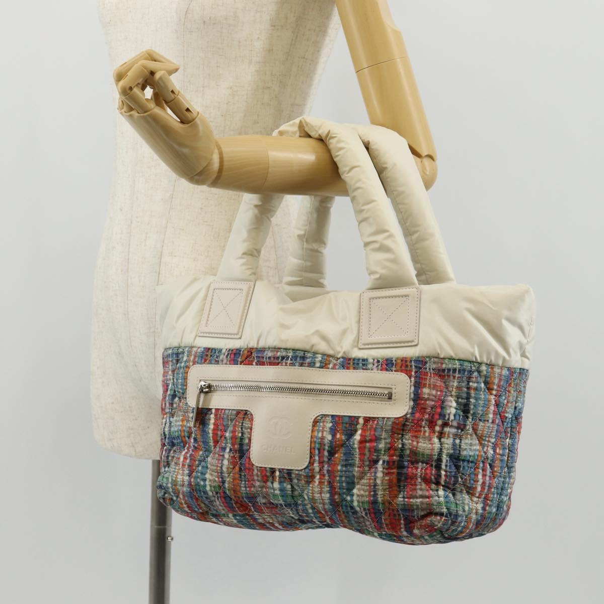 CHANEL Cococoon Tote Bag Nylon White Silver CC Auth 148203V