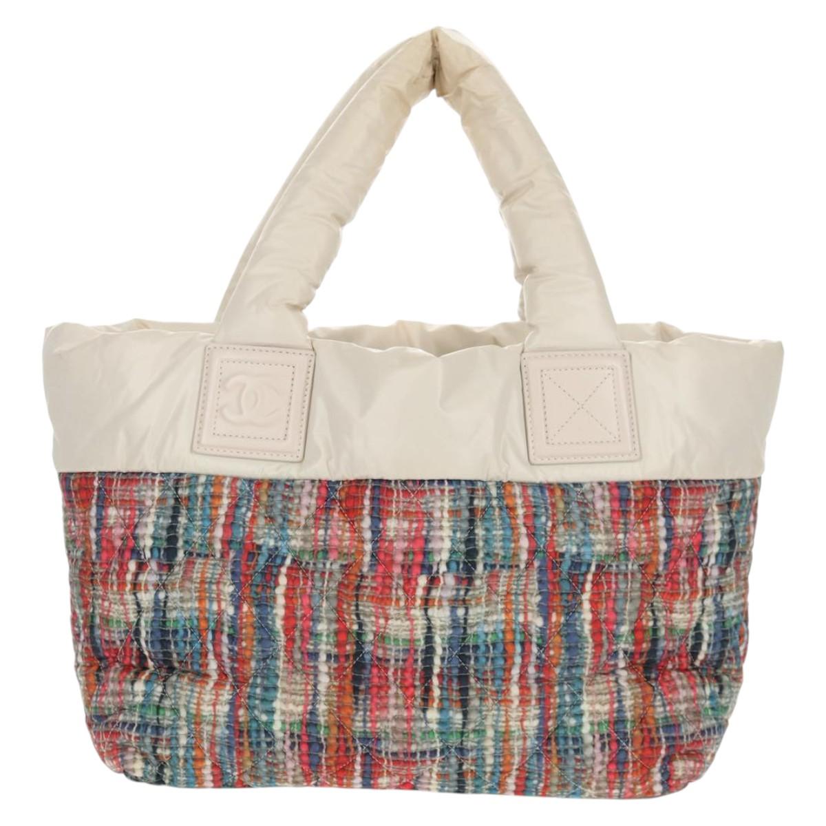 CHANEL Cococoon Tote Bag Nylon White Silver CC Auth 148203V