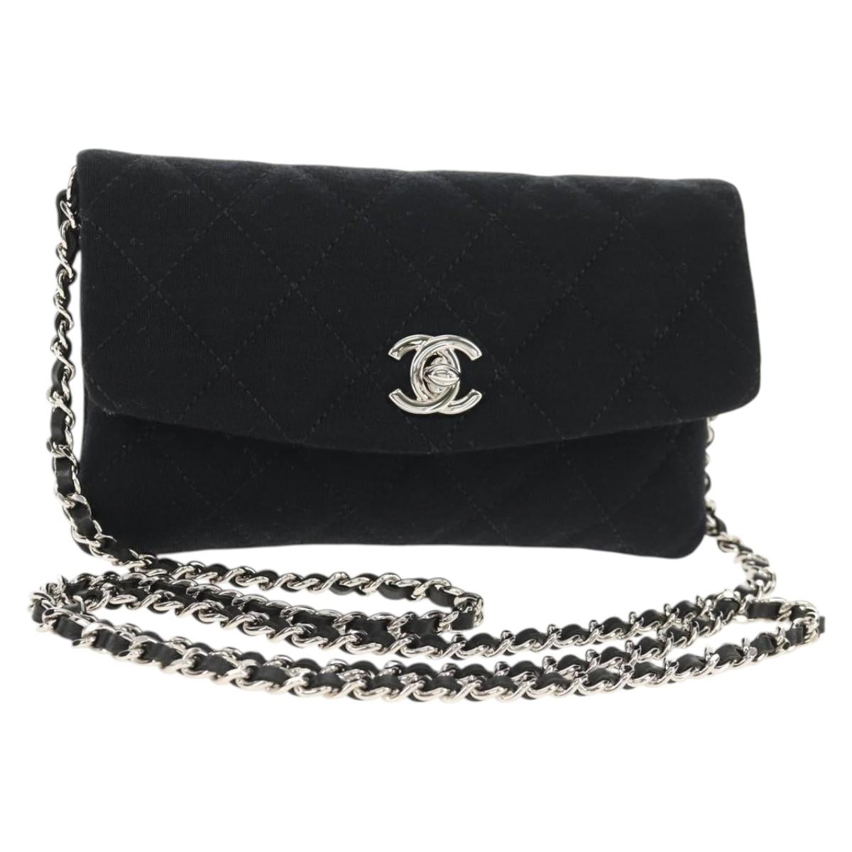 CHANEL Chain Shoulder Bag Cotton Black Silver CC Auth 148204V