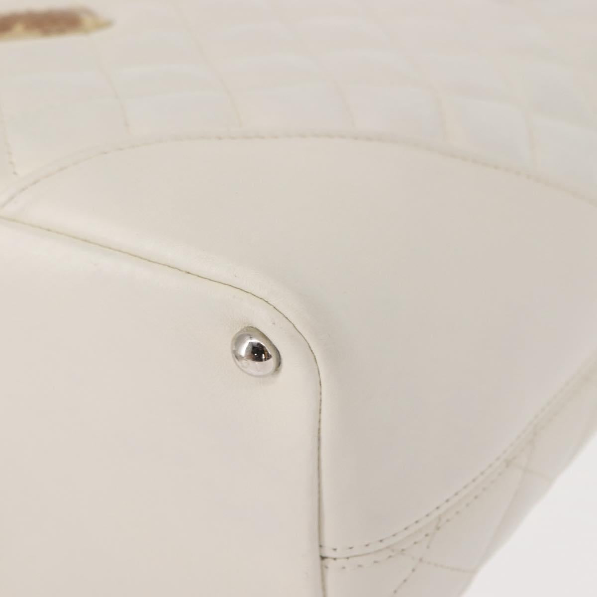 CHANEL Cambon Line Tote Bag Lamb Skin White Silver CC Auth 148211