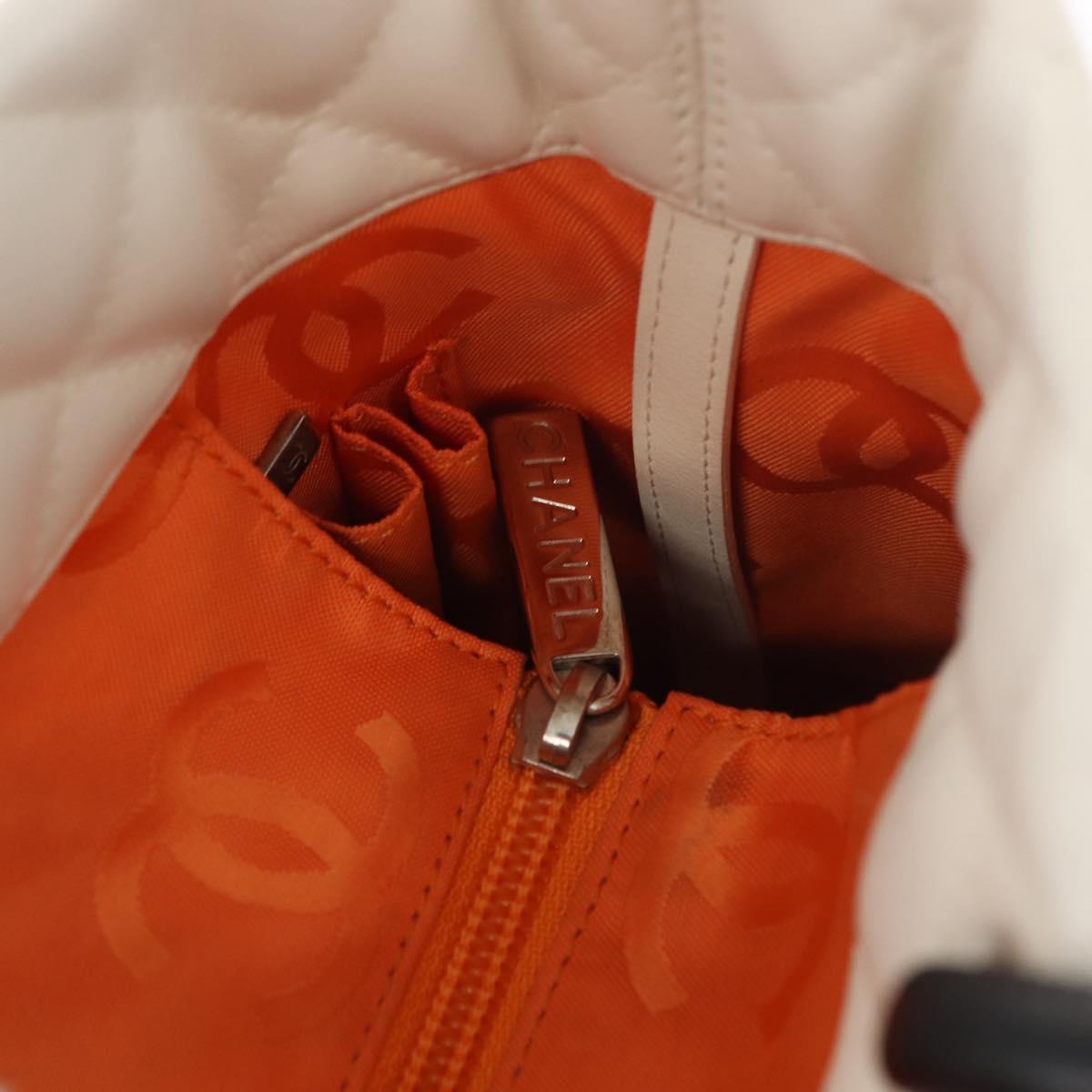 CHANEL Cambon Line Tote Bag Lamb Skin White Silver CC Auth 148211