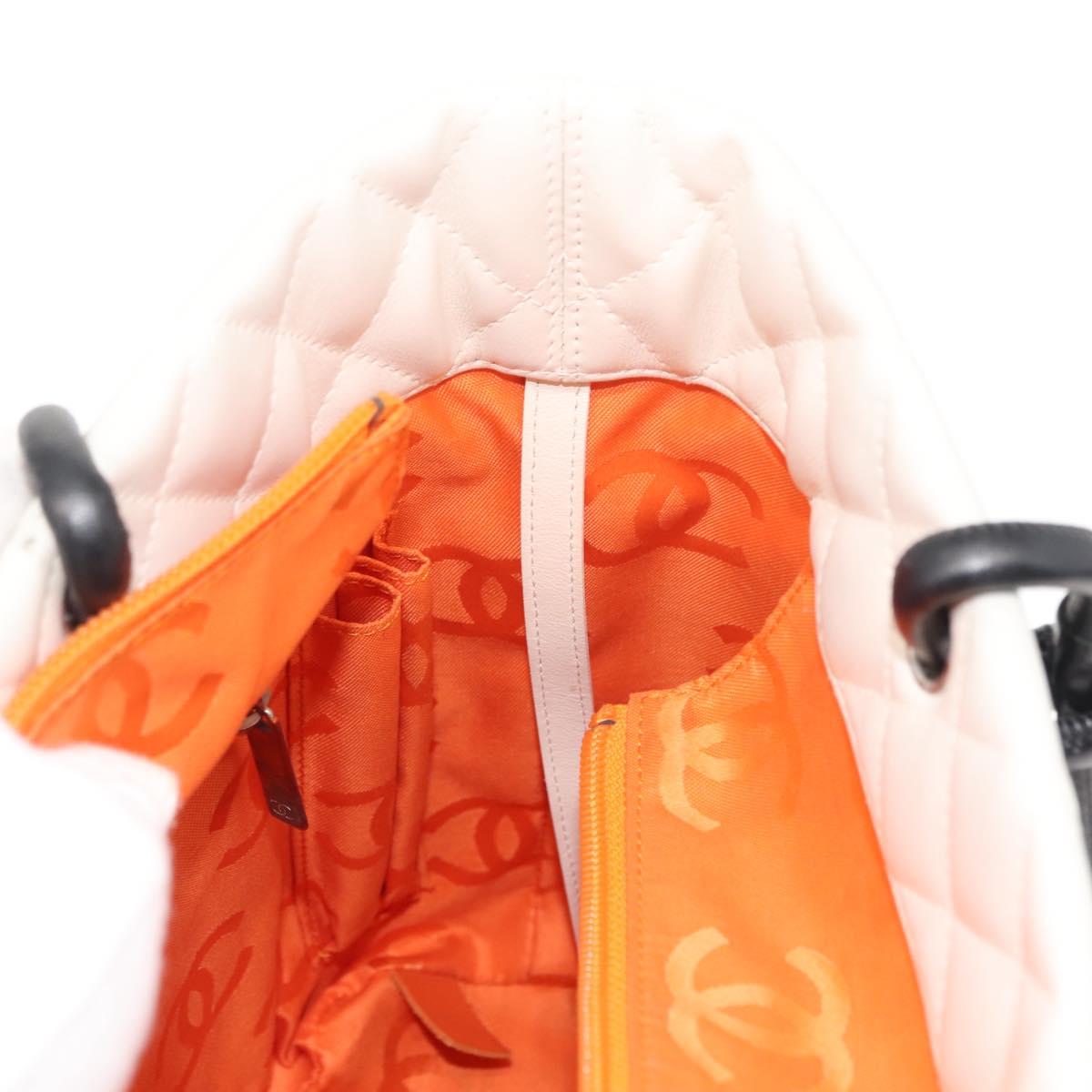 CHANEL Cambon Line Tote Bag Lamb Skin White Silver CC Auth 148211