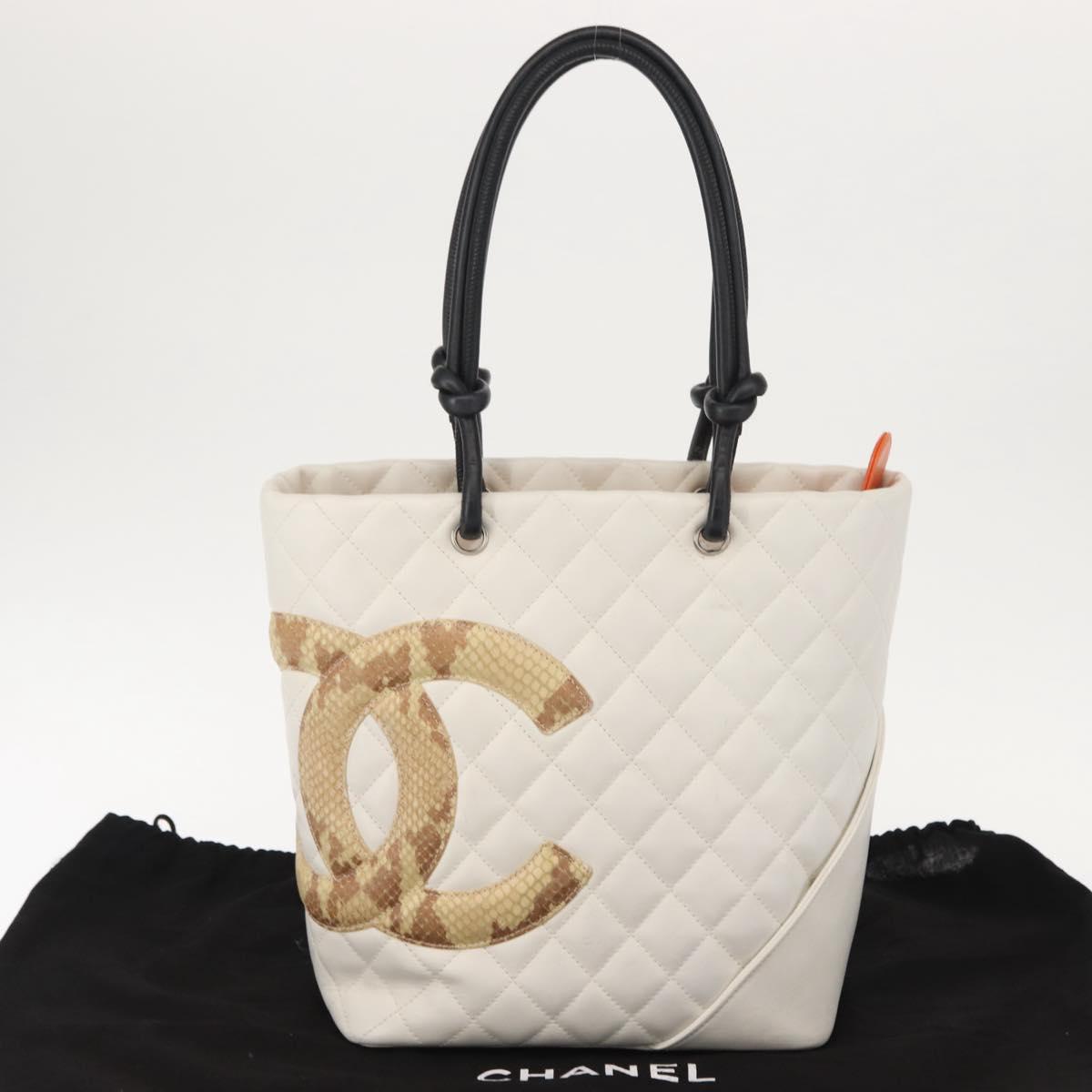CHANEL Cambon Line Tote Bag Lamb Skin White Silver CC Auth 148211