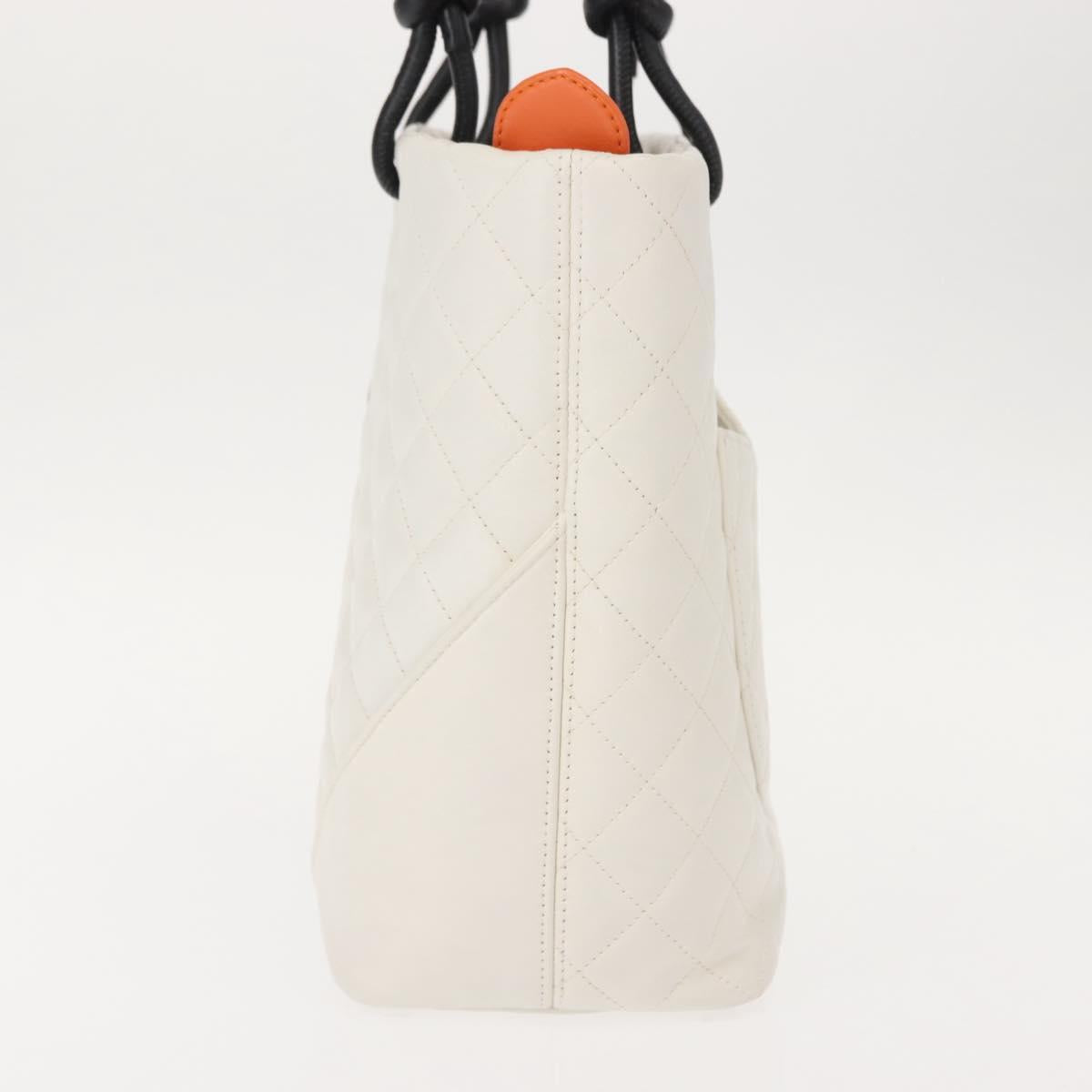 CHANEL Cambon Line Tote Bag Lamb Skin White Silver CC Auth 148211