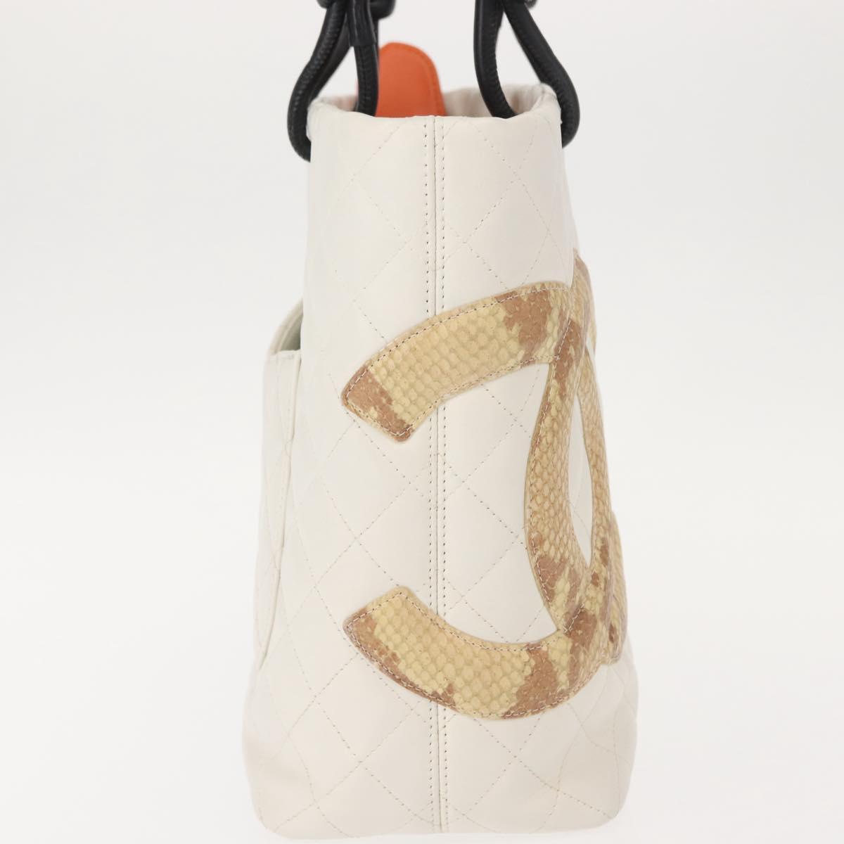 CHANEL Cambon Line Tote Bag Lamb Skin White Silver CC Auth 148211