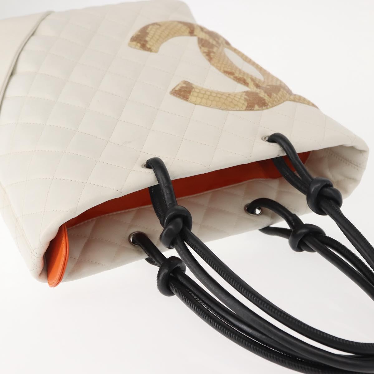 CHANEL Cambon Line Tote Bag Lamb Skin White Silver CC Auth 148211