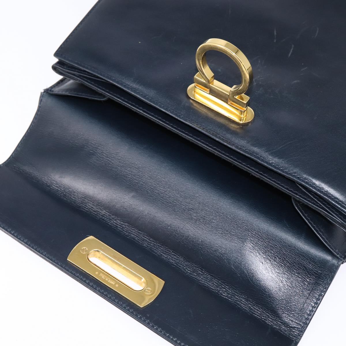 Salvatore Ferragamo Gancini Hand Bag Leather Navy Gold Auth 148230