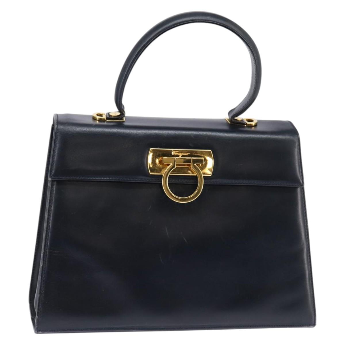 Salvatore Ferragamo Gancini Hand Bag Leather Navy Gold Auth 148230
