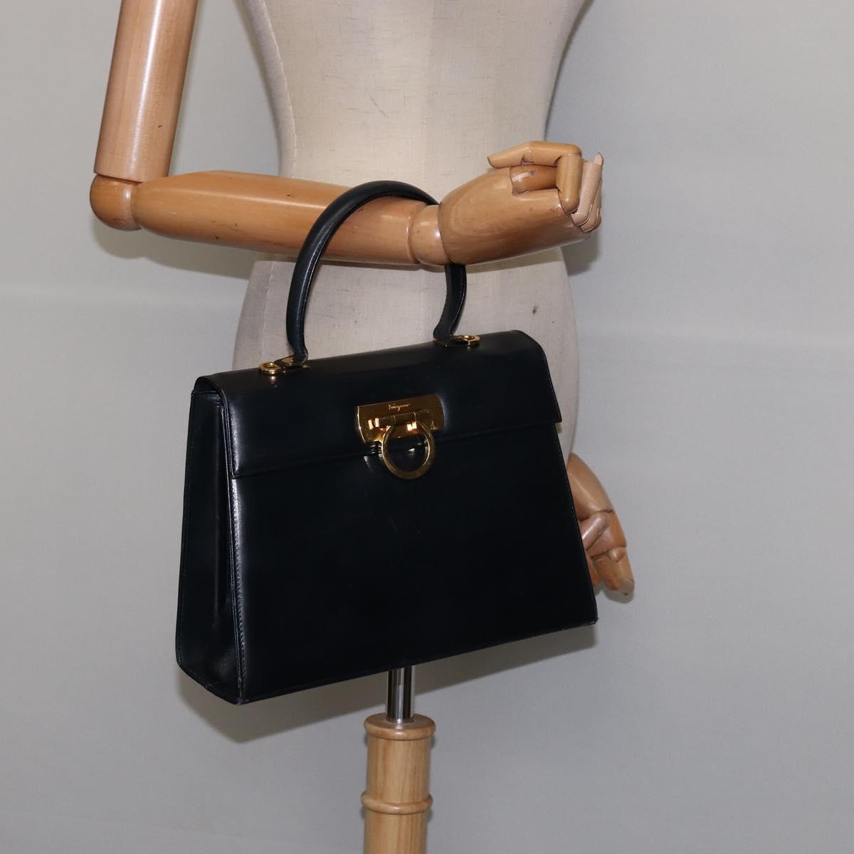 Salvatore Ferragamo Gancini Hand Bag Leather Navy Gold Auth 148230