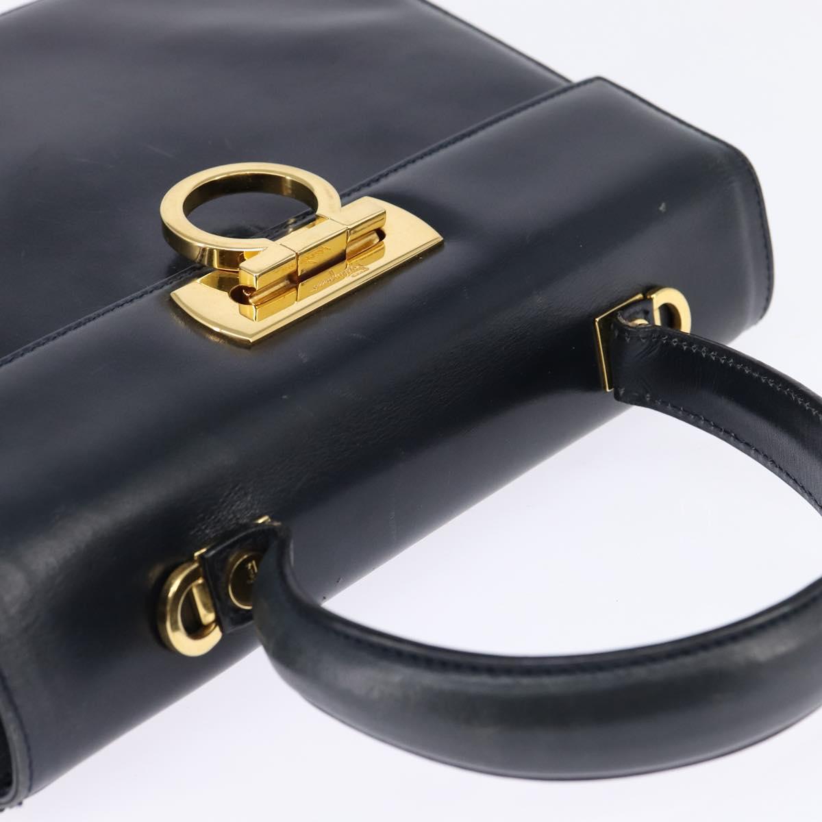 Salvatore Ferragamo Gancini Hand Bag Leather Navy Gold Auth 148230