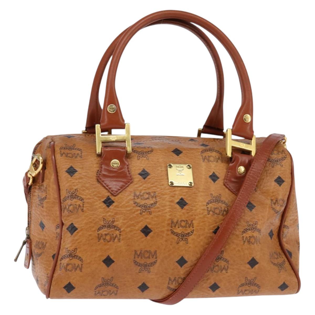 MCM Logogram Vicetos Boston Bag PVC 2way Brown Gold Auth 148233