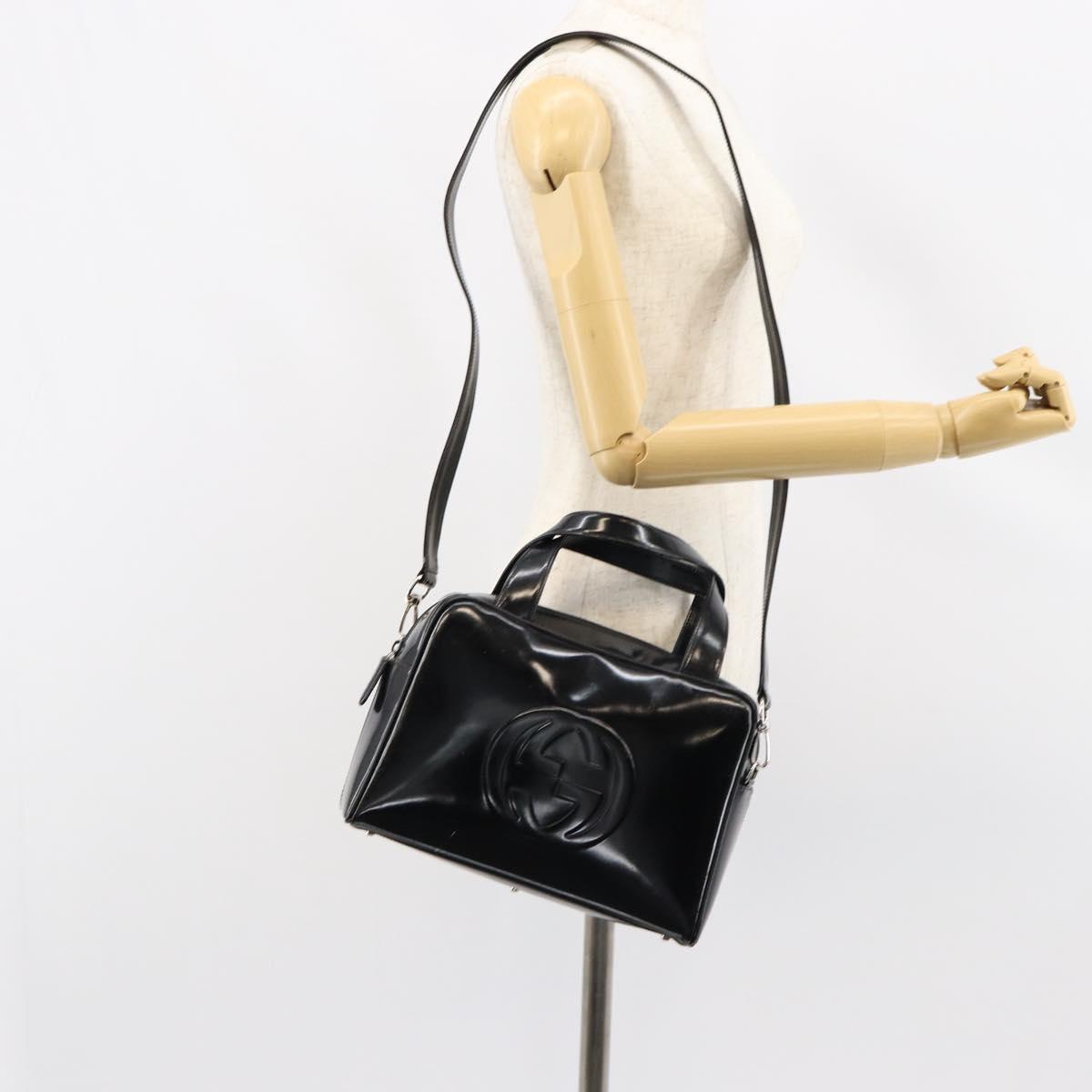 GUCCI Hand Bag Enamel 2way Black Silver 000 1274 0505 Auth 148275