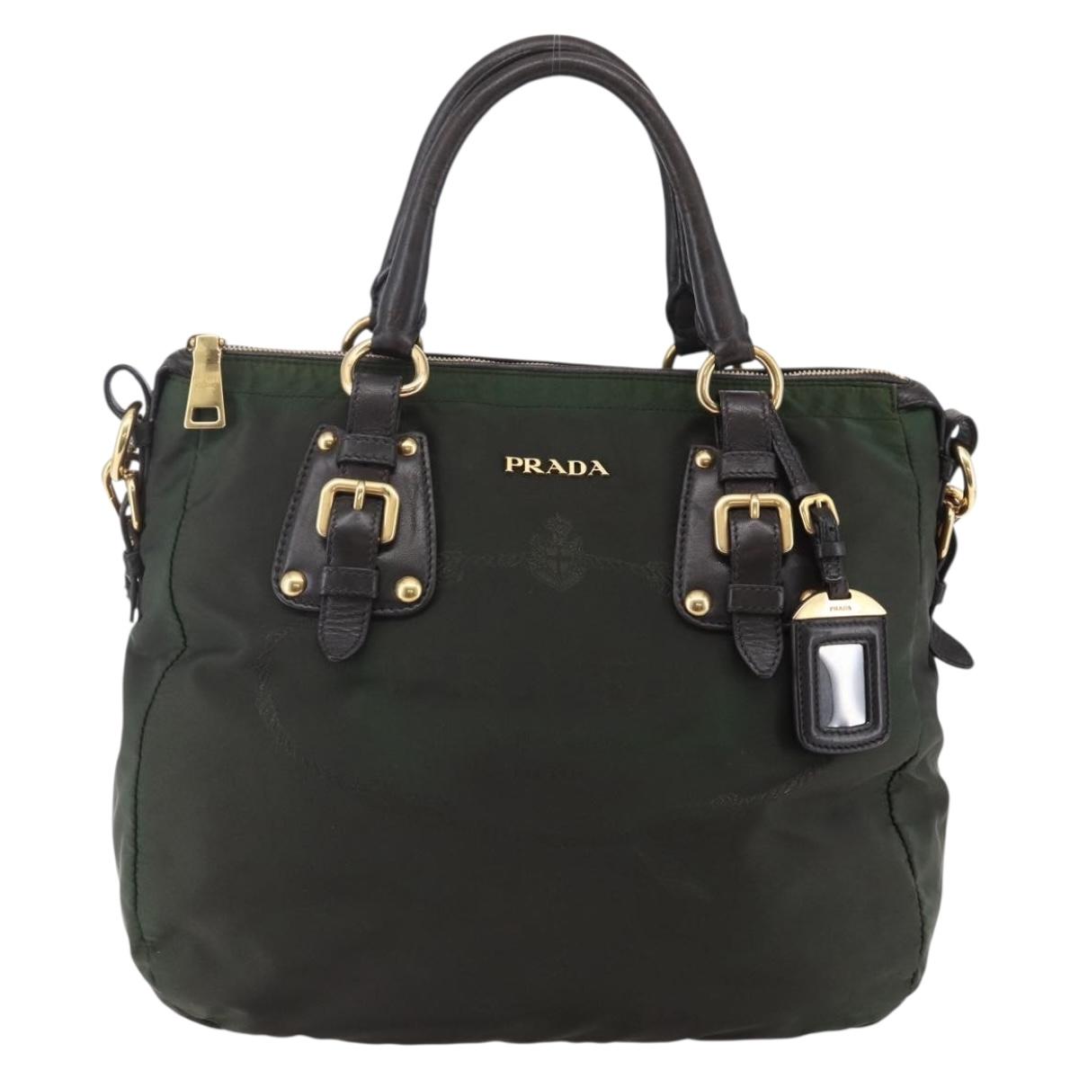PRADA Hand Bag Nylon 2way Khaki Gold Auth 148290
