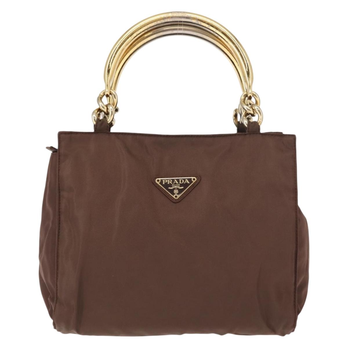 PRADA Hand Bag Nylon Brown Gold Auth 148292