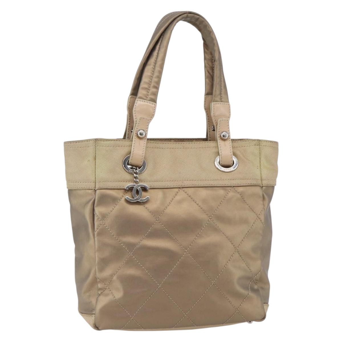 CHANEL Paris Biarritz PM Tote Bag Coated Canvas Gold CC Auth 148314
