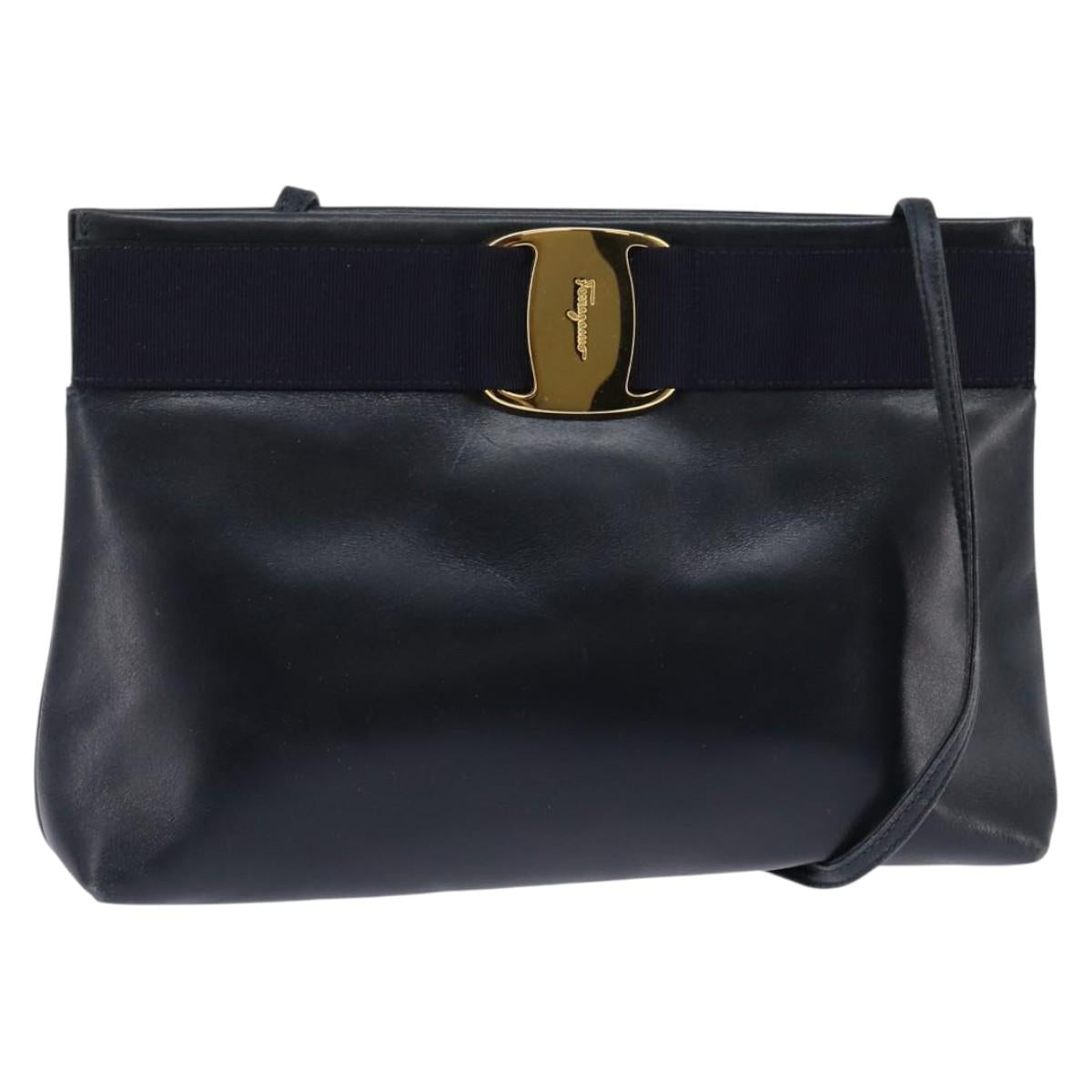 Salvatore Ferragamo Vala Shoulder Bag Leather Navy Gold Auth 148321