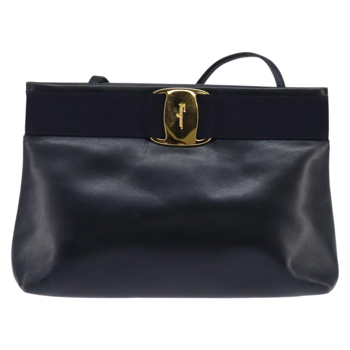 Salvatore Ferragamo Vala Shoulder Bag Leather Navy Gold Auth 148321