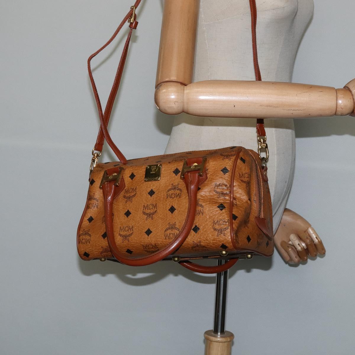 MCM Logogram Vicetos Boston Bag PVC 2way Brown Gold Auth 148327