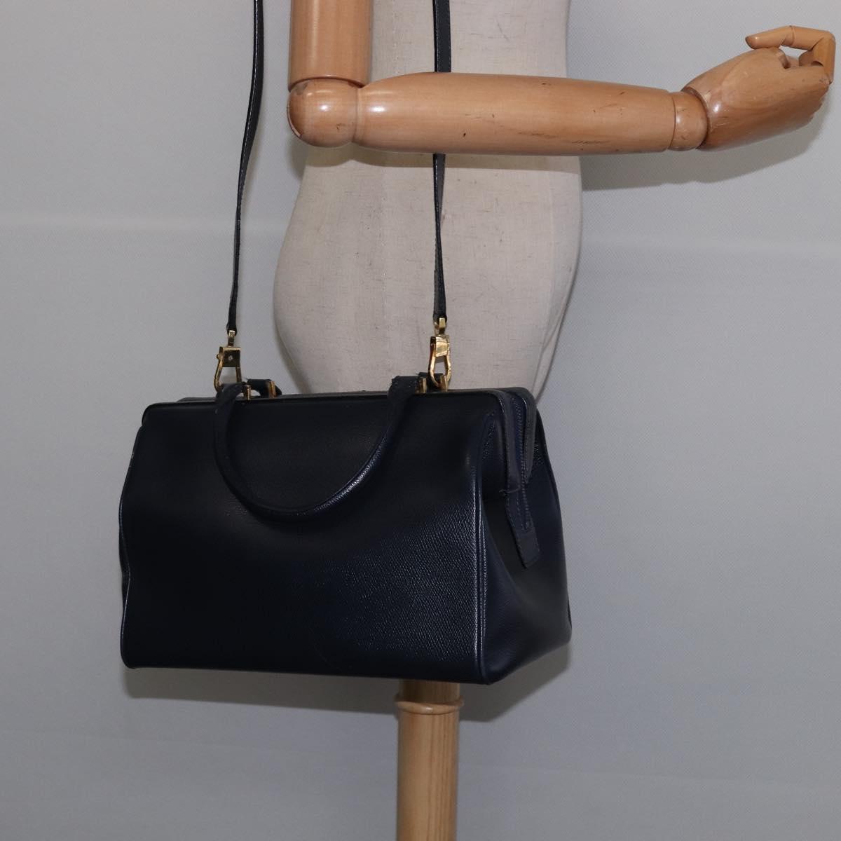 CELINE Hand Bag Leather 2way Navy Gold Auth 148353