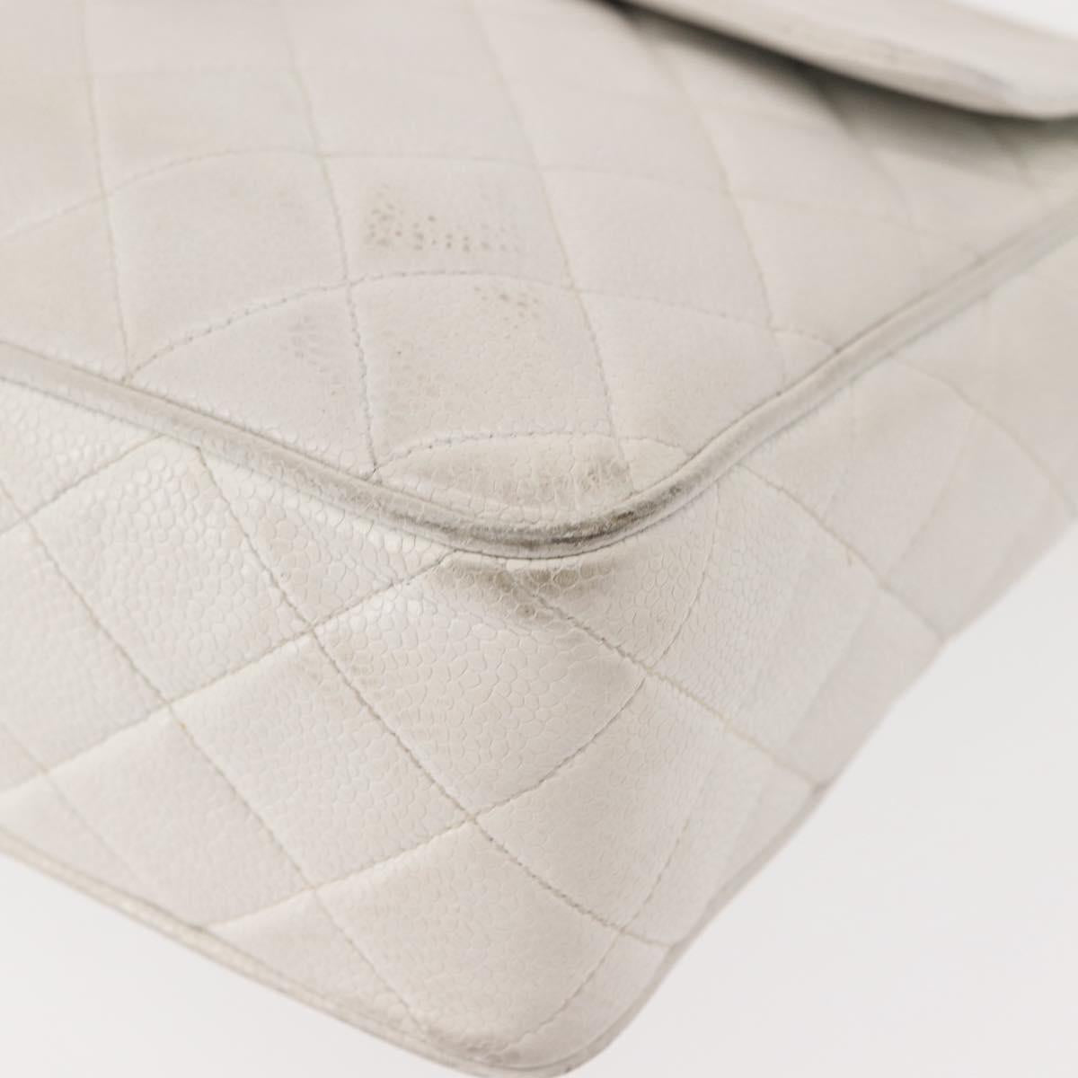 CHANEL Matelasse Chain Shoulder Bag Caviar Skin White Gold CC Auth 148356