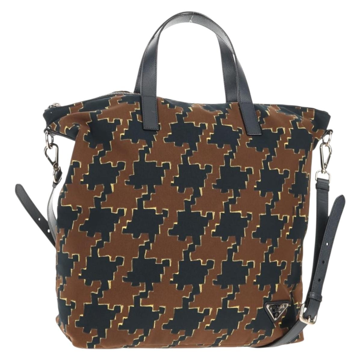 PRADA Hand Bag Nylon 2way Brown Silver Auth 148372