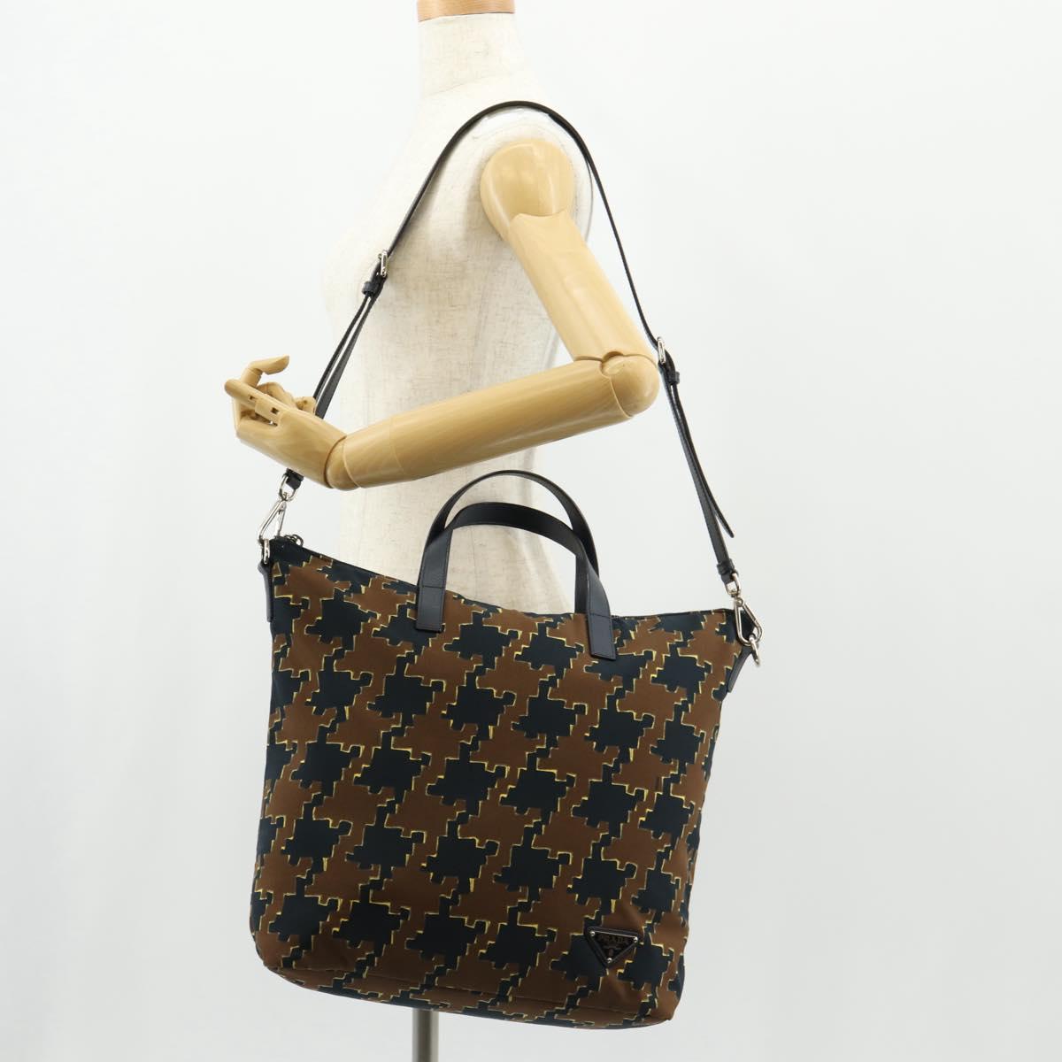 PRADA Hand Bag Nylon 2way Brown Silver Auth 148372