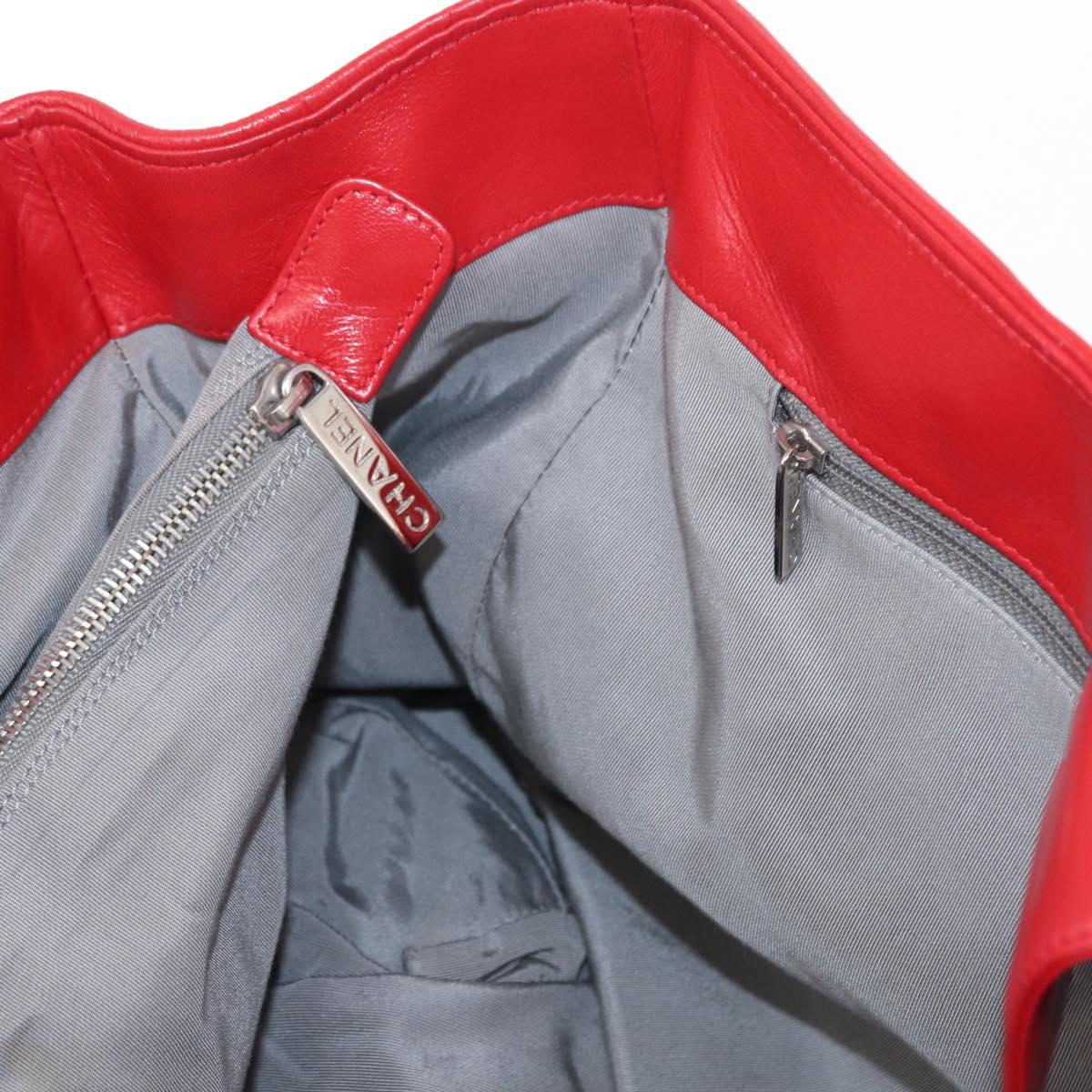 CHANEL Tote Bag Leather Red Silver CC Auth 148379