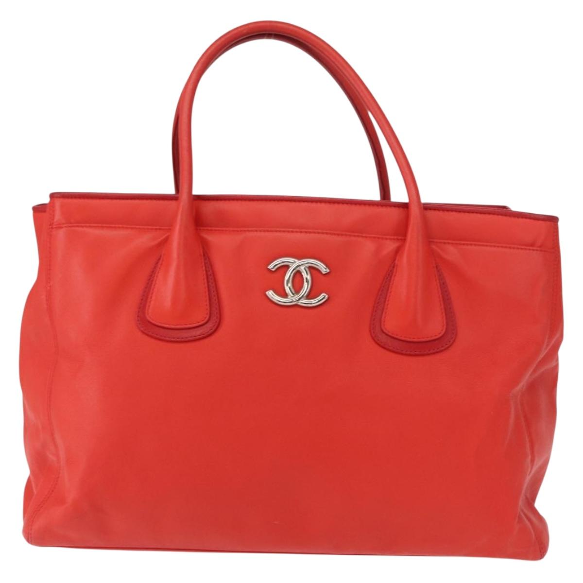 CHANEL Tote Bag Leather Red Silver CC Auth 148379