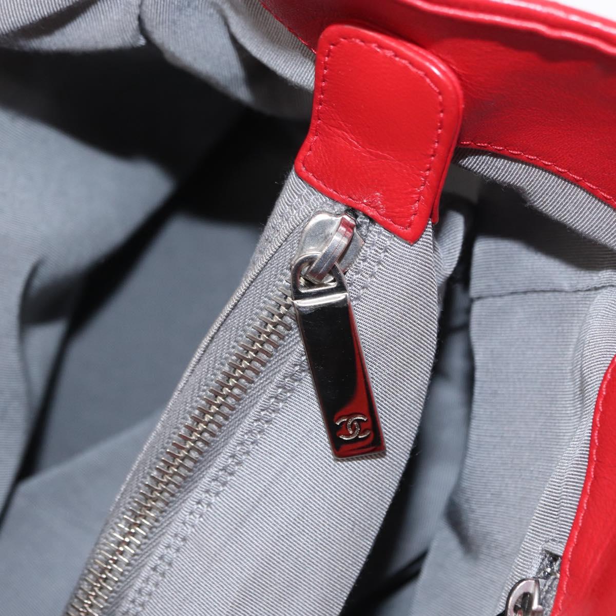 CHANEL Tote Bag Leather Red Silver CC Auth 148379