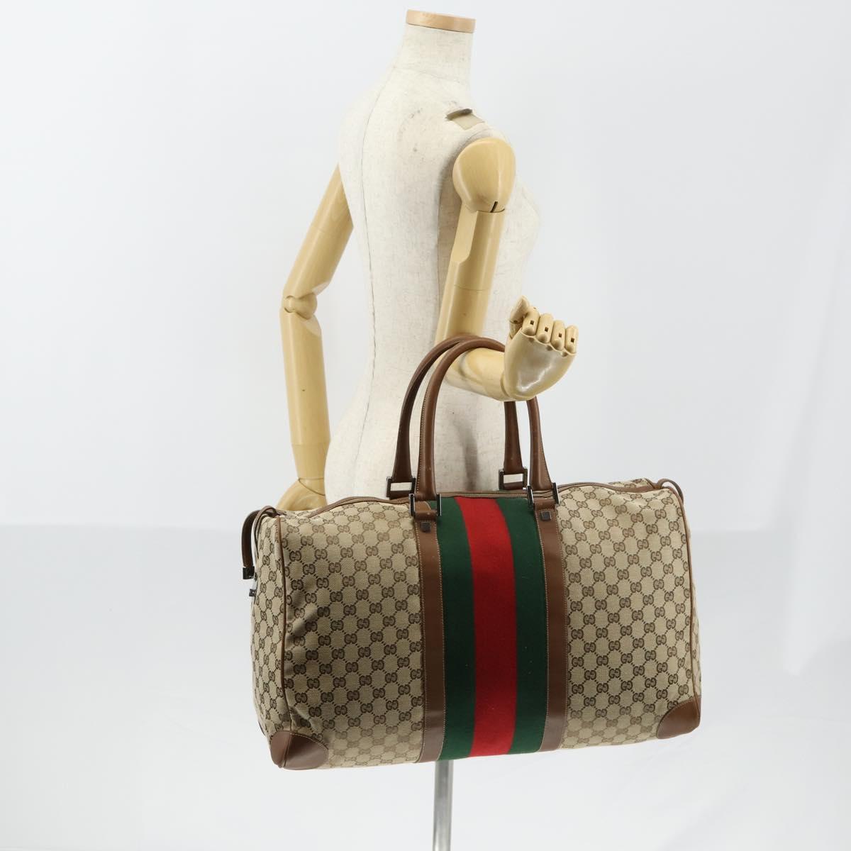 GUCCI GG Canvas Web Sherry Line Boston Bag Beige Green Red Auth 148391