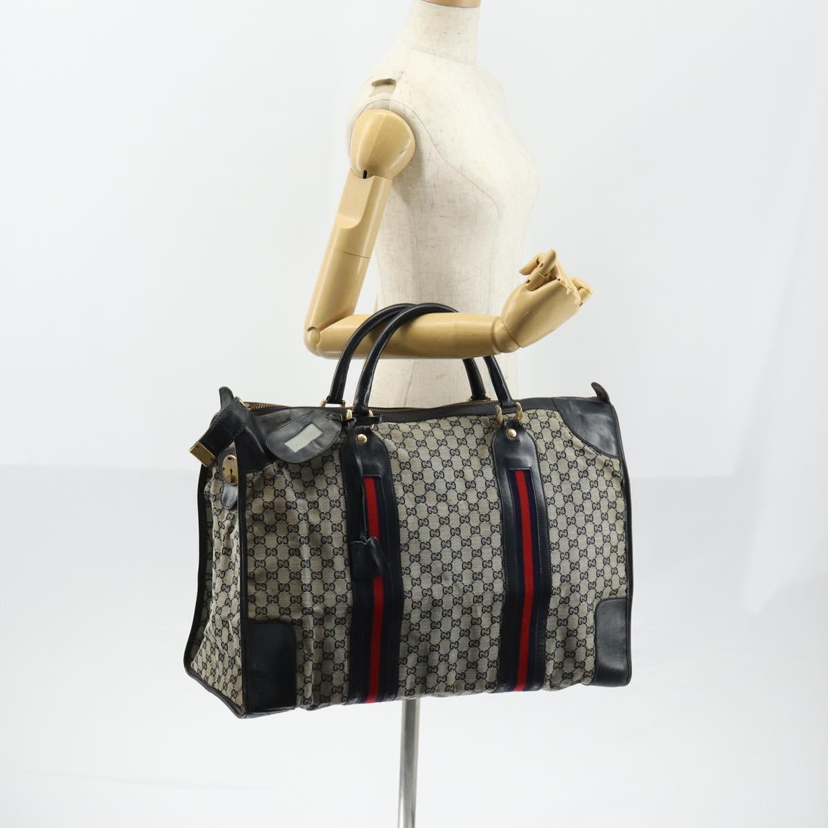 GUCCI GG Canvas Sherry Line Hand Bag Navy Gold Red Auth 148418