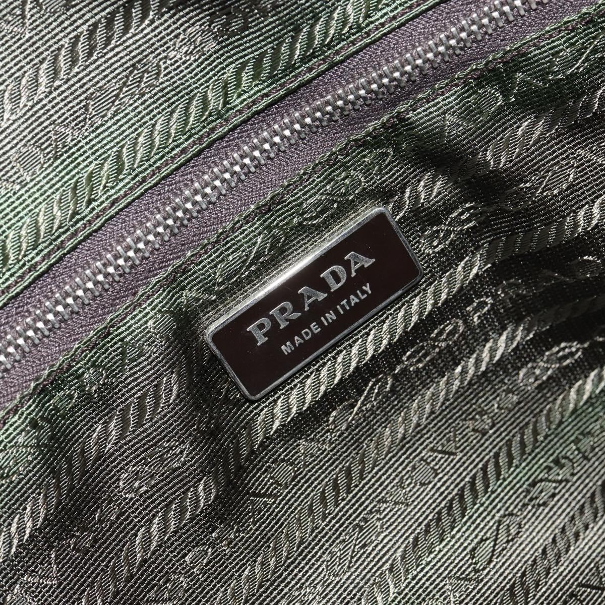 PRADA Boston Bag Canvas Beige Silver Auth 148422