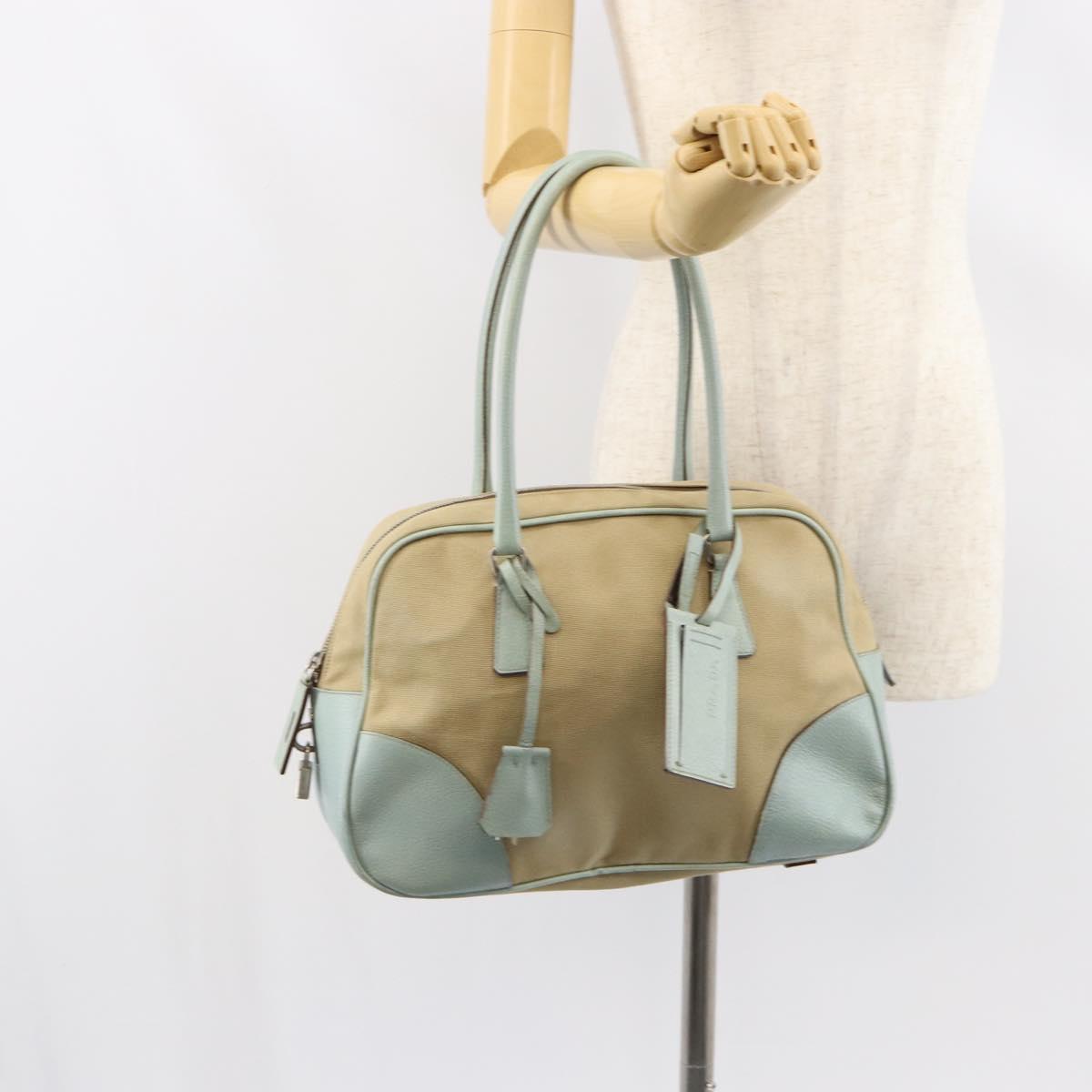 PRADA Boston Bag Canvas Beige Silver Auth 148422
