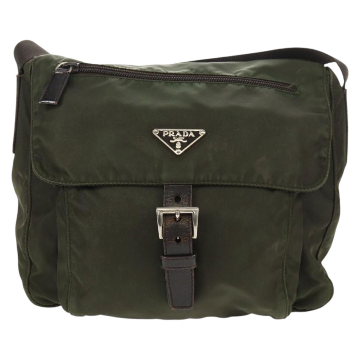 PRADA Shoulder Bag Nylon Khaki Silver Auth 148427