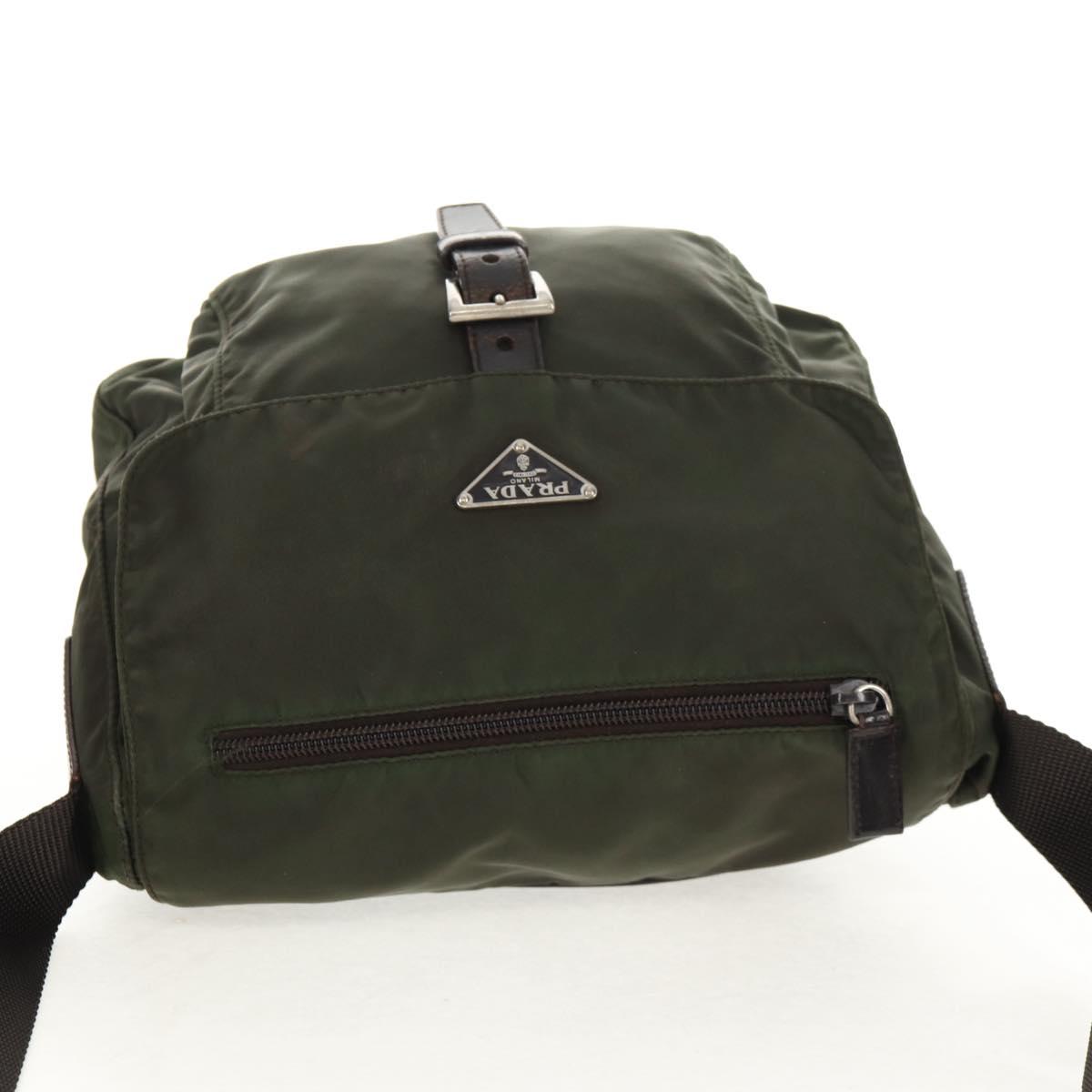 PRADA Shoulder Bag Nylon Khaki Silver Auth 148427