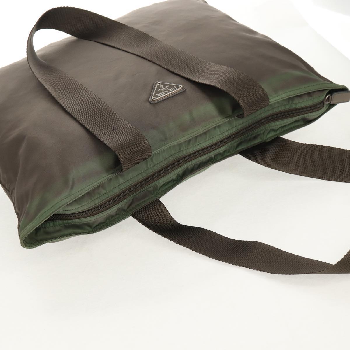 PRADA Tote Bag Nylon Khaki Silver Auth 148428