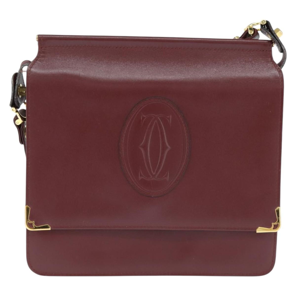 CARTIER Must Line Shoulder Bag Leather Bordeaux Gold Auth 148432
