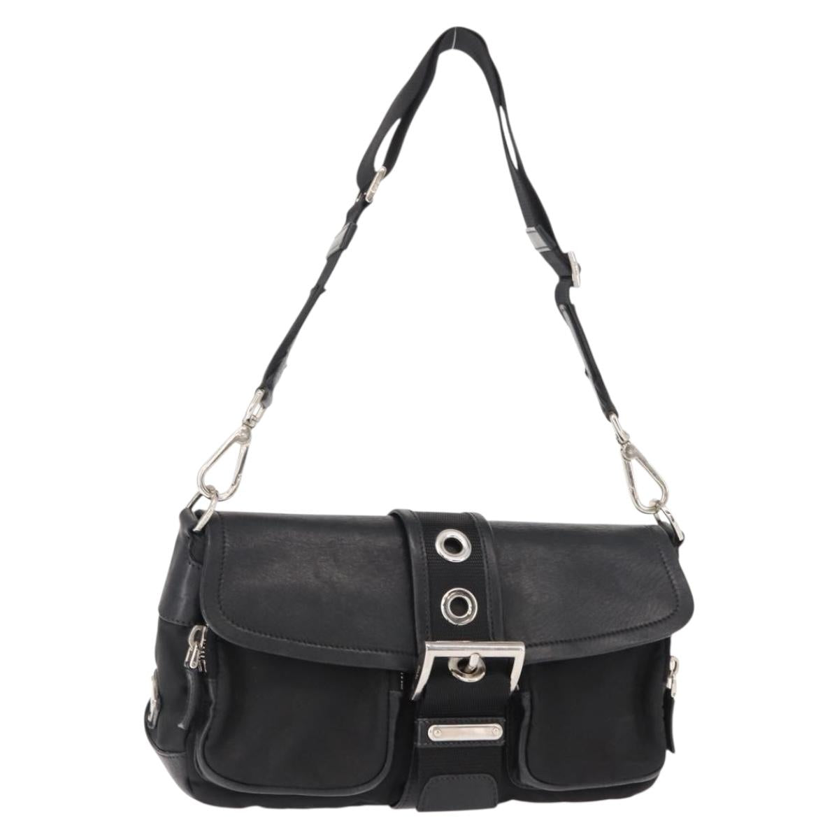 PRADA Shoulder Bag Nylon Black Silver Auth 148452