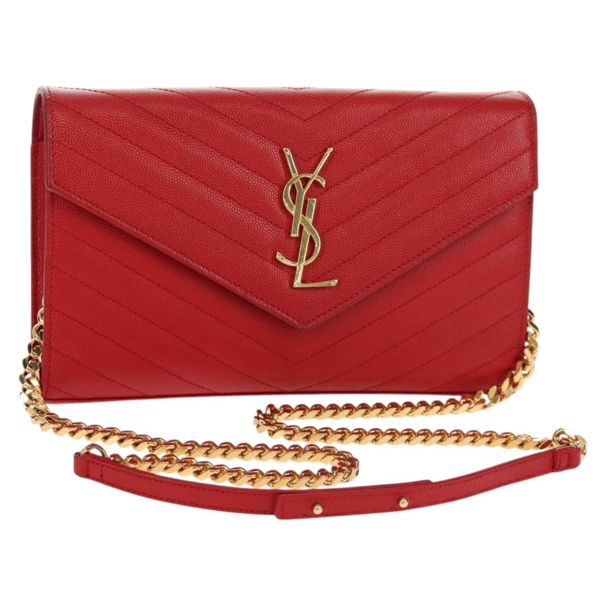 SAINT LAURENT Chain Cassandra Shoulder Bag Caviar Skin Red Gold Auth 148456M