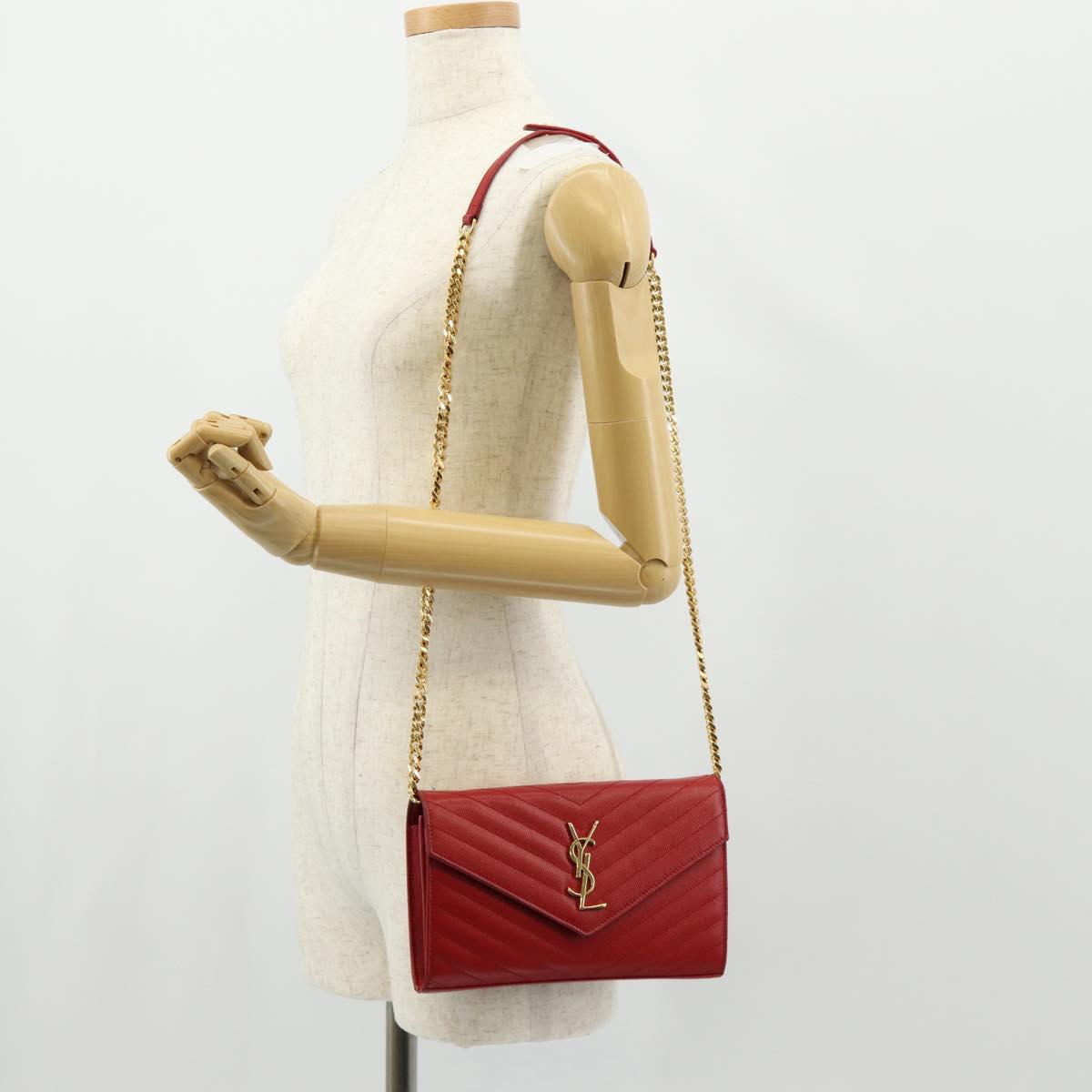 SAINT LAURENT Chain Cassandra Shoulder Bag Caviar Skin Red Gold Auth 148456M