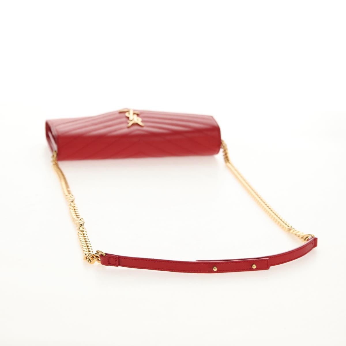 SAINT LAURENT Chain Cassandra Shoulder Bag Caviar Skin Red Gold Auth 148456M
