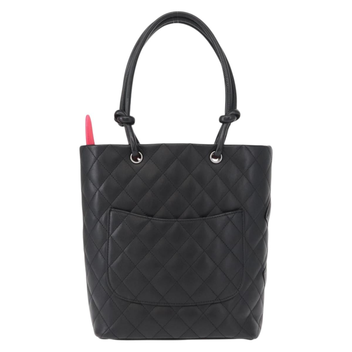 CHANEL Cambon Line Matelasse Tote Bag Leather Black Silver CC Auth 148463SAV